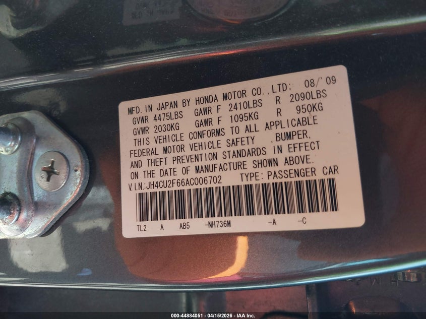 2010 Acura Tsx 2.4 VIN: JH4CU2F66AC006702 Lot: 44884051