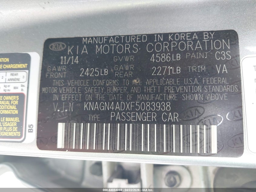 2015 KIA OPTIMA SEDAN 2.4L I-4 DOHC, VVT, 159HP