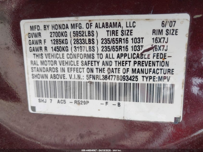 2007 Honda Odyssey Ex VIN: 5FNRL38477B093425 Lot: 44884067