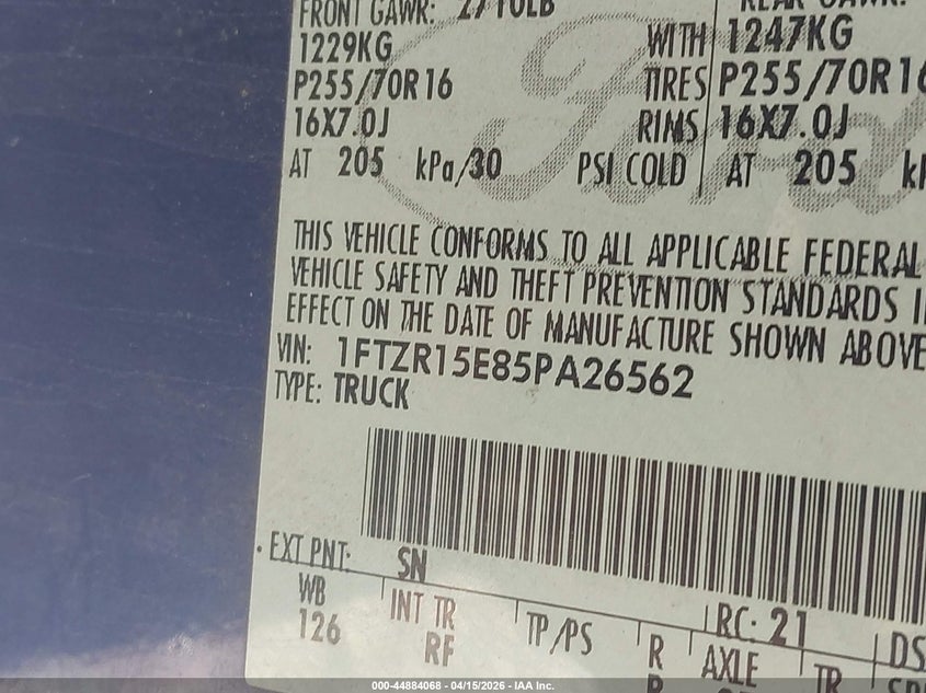 2005 Ford Ranger Edge/Xl/Xlt VIN: 1FTZR15E85PA26562 Lot: 44884068