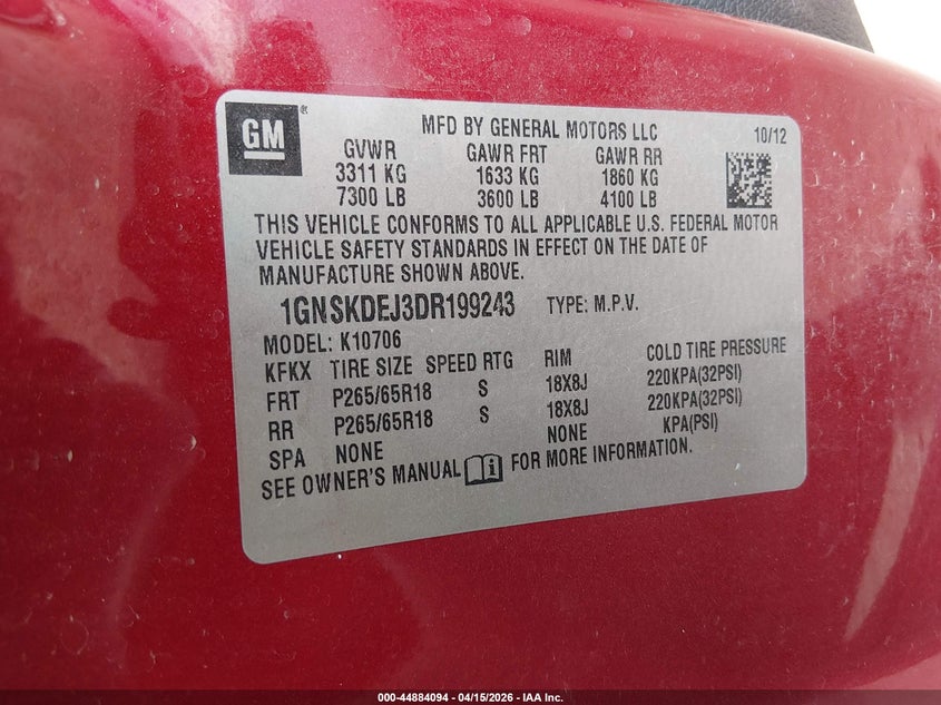 2013 Chevrolet Tahoe Hybrid VIN: 1GNSKDEJ3DR199243 Lot: 44884094