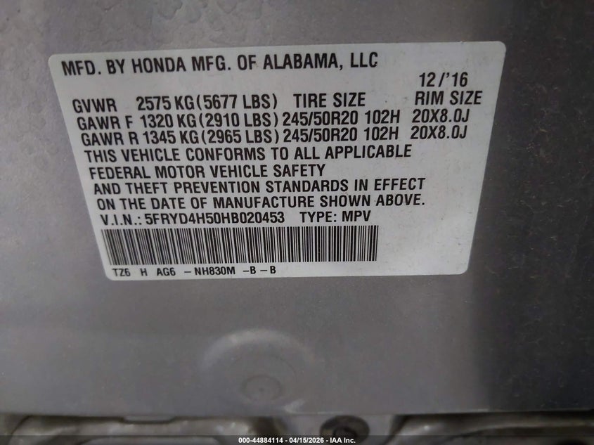 2017 Acura Mdx Technology Package VIN: 5FRYD4H50HB020453 Lot: 44884114