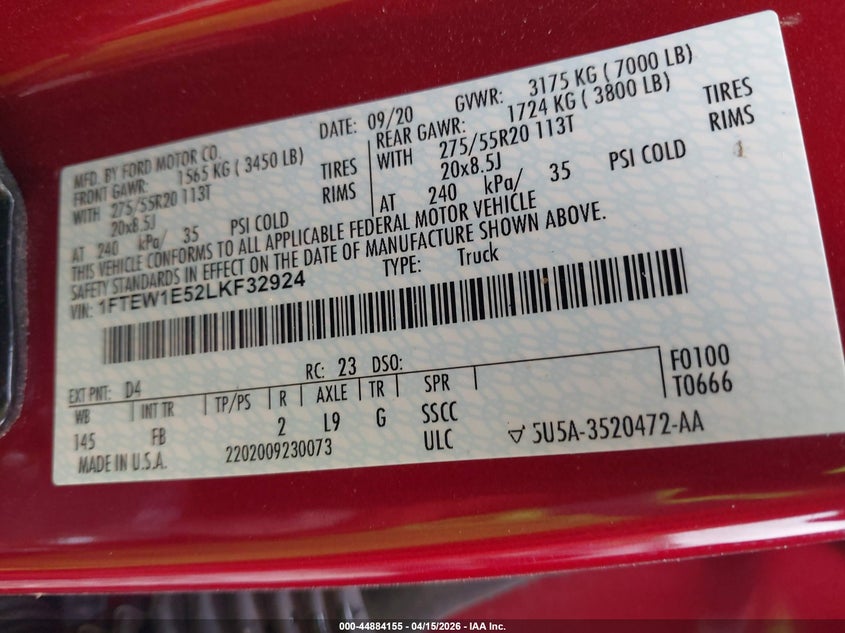 2020 Ford F-150 Xlt VIN: 1FTEW1E52LKF32924 Lot: 44884155