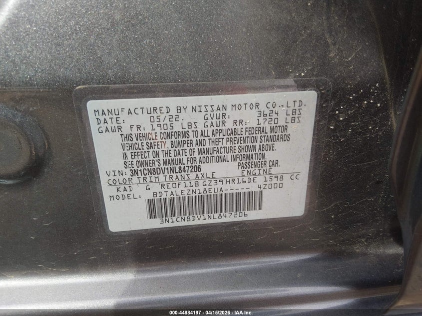 2022 Nissan Versa S VIN: 3N1CN8DV1NL847206 Lot: 44884197