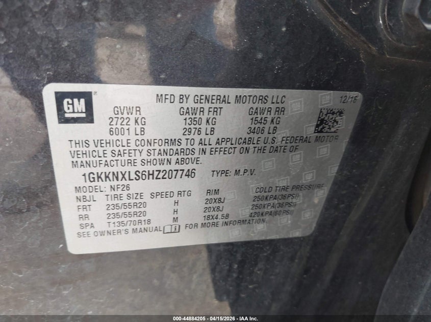 2017 GMC Acadia Denali VIN: 1GKKNXLS6HZ207746 Lot: 44884205