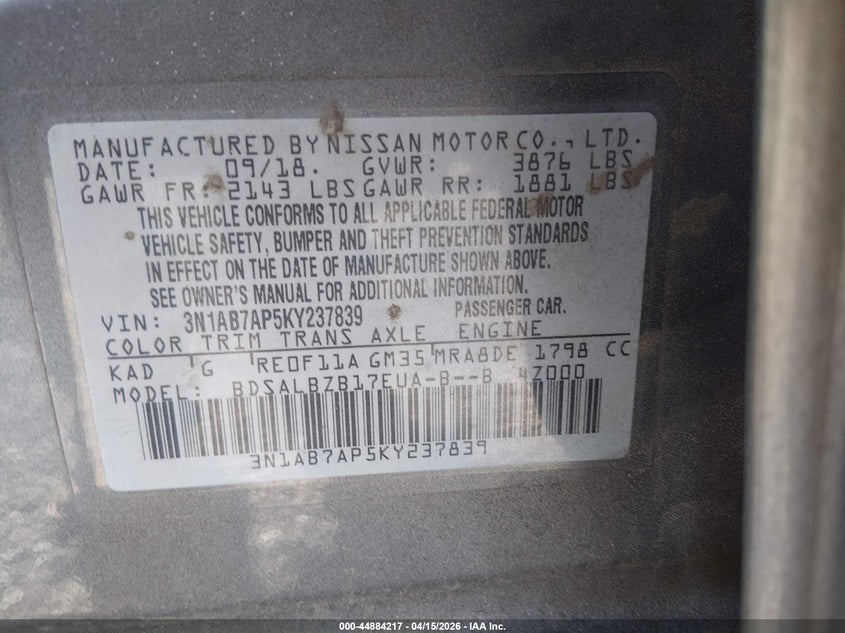 2019 Nissan Sentra S VIN: 3N1AB7AP5KY237839 Lot: 44884217