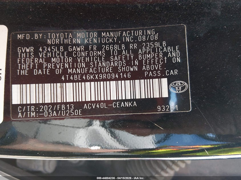 2009 Toyota Camry Le VIN: 4T4BE46KX9R094146 Lot: 44884236