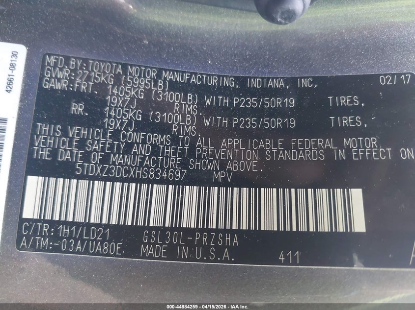 2017 Toyota Sienna Se Premium 8 Passenger VIN: 5TDXZ3DCXHS834697 Lot: 44884259