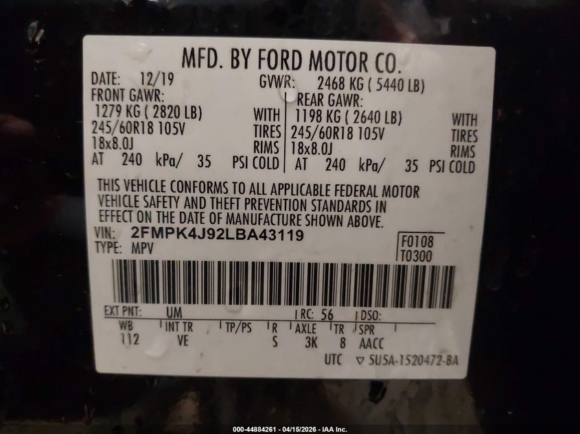 2020 Ford Edge Sel VIN: 2FMPK4J92LBA43119 Lot: 44884261