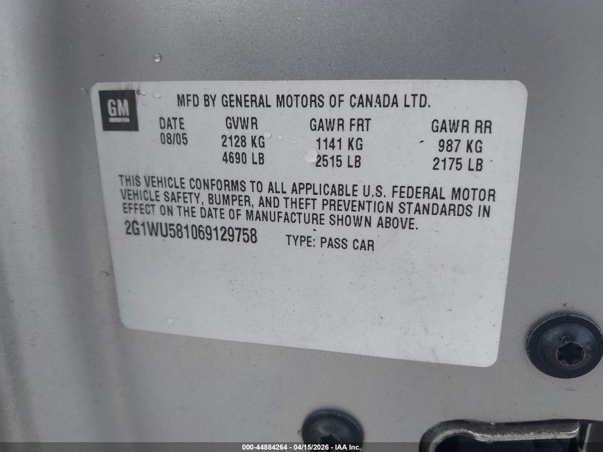 2006 Chevrolet Impala Ltz VIN: 2G1WU581069129758 Lot: 44884264