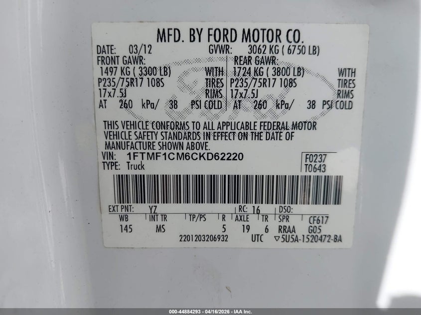 2012 Ford F-150 3.7 Xlt white Lot 111044884293 Vin 1FTMF1CM6CKD62220