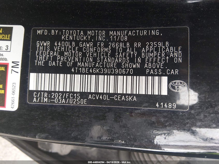 2009 Toyota Camry Se VIN: 4T1BE46K39U390670 Lot: 44884294