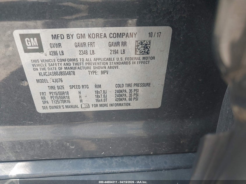 2018 Buick Encore Preferred VIN: KL4CJASB0JB554878 Lot: 44884311