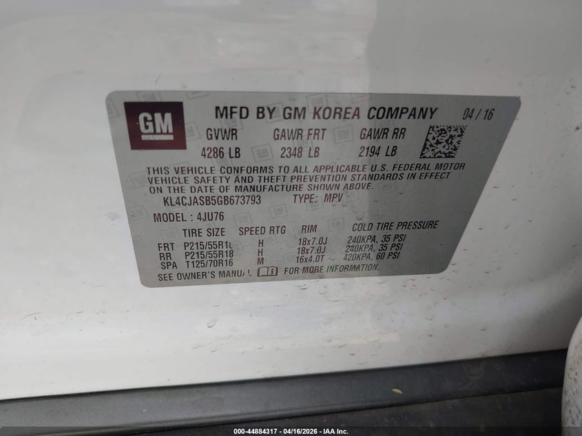 KL4CJASB5GB673793 2016 Buick Encore 1.4 white