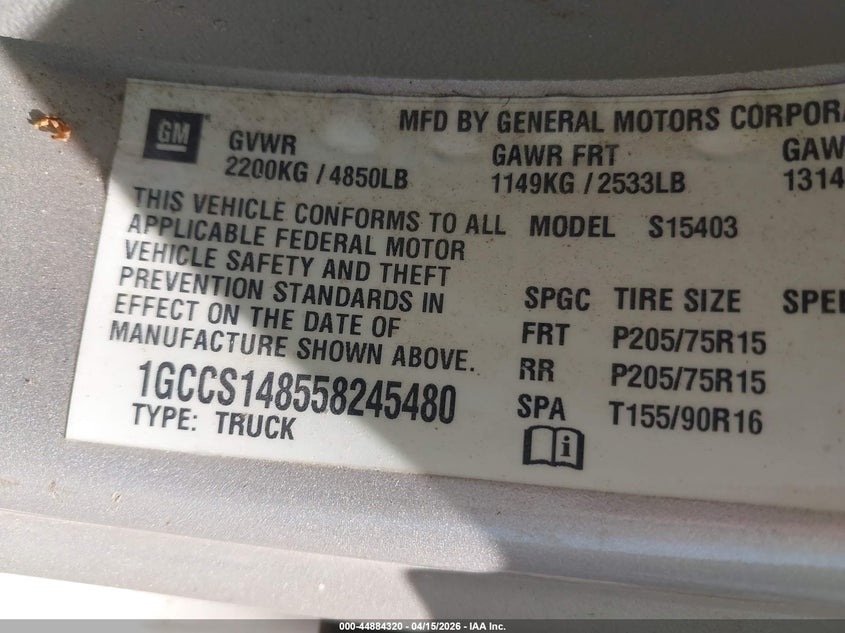 2005 Chevrolet Colorado VIN: 1GCCS148558245480 Lot: 44884320