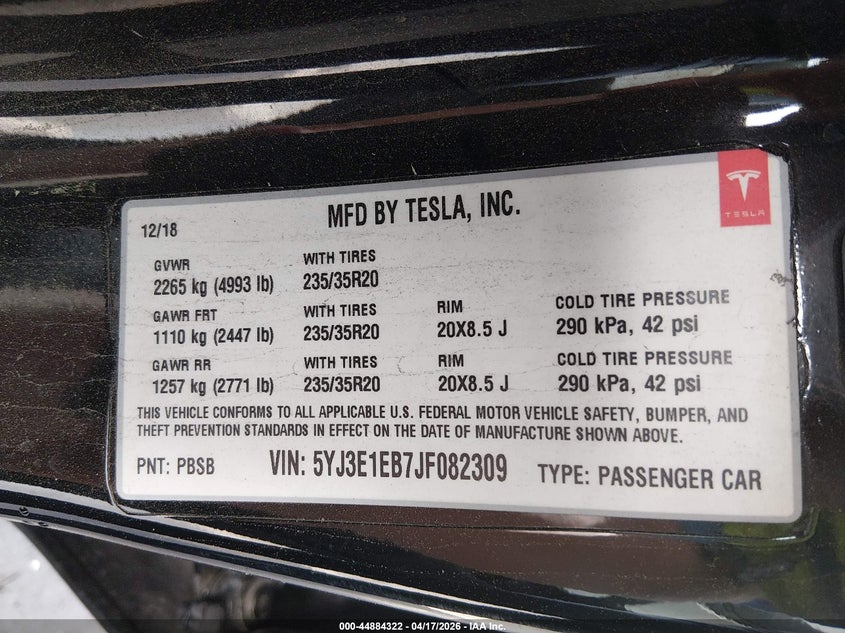 2018 Tesla Model 3 Long Range/Performance VIN: 5YJ3E1EB7JF082309 Lot: 44884322