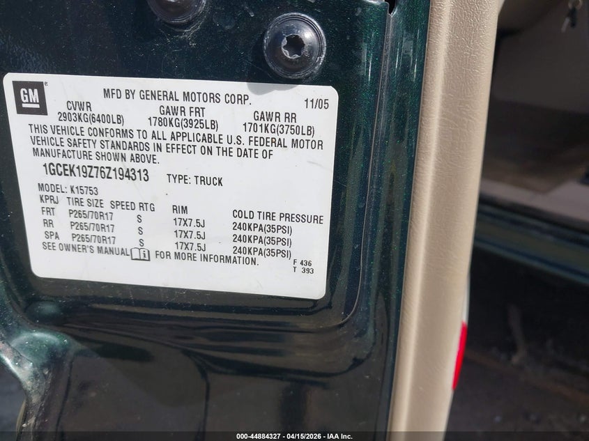 2006 Chevrolet Silverado 1500 Lt3 VIN: 1GCEK19Z76Z194313 Lot: 44884327