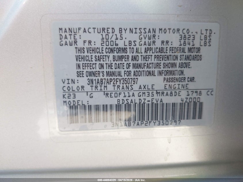 2015 Nissan Sentra Sv VIN: 3N1AB7AP2FY350797 Lot: 44884329