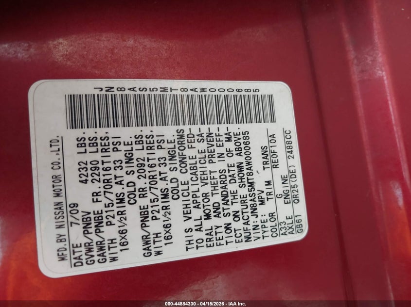 2010 Nissan Rogue S VIN: JN8AS5MT8AW000685 Lot: 44884330