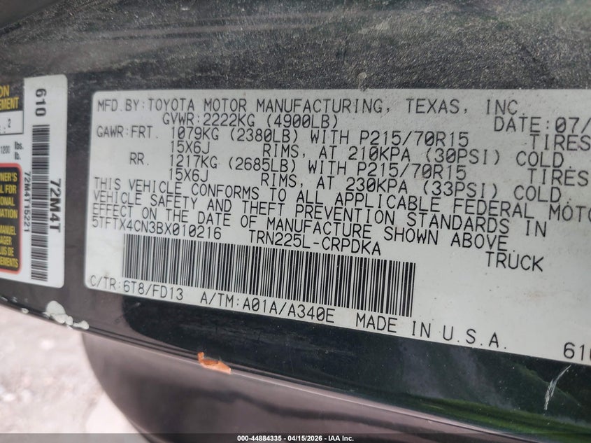 2011 Toyota Tacoma VIN: 5TFTX4CN3BX010216 Lot: 44884335