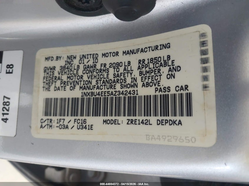 2010 Toyota Corolla Le VIN: 1NXBU4EE5AZ342431 Lot: 44884372