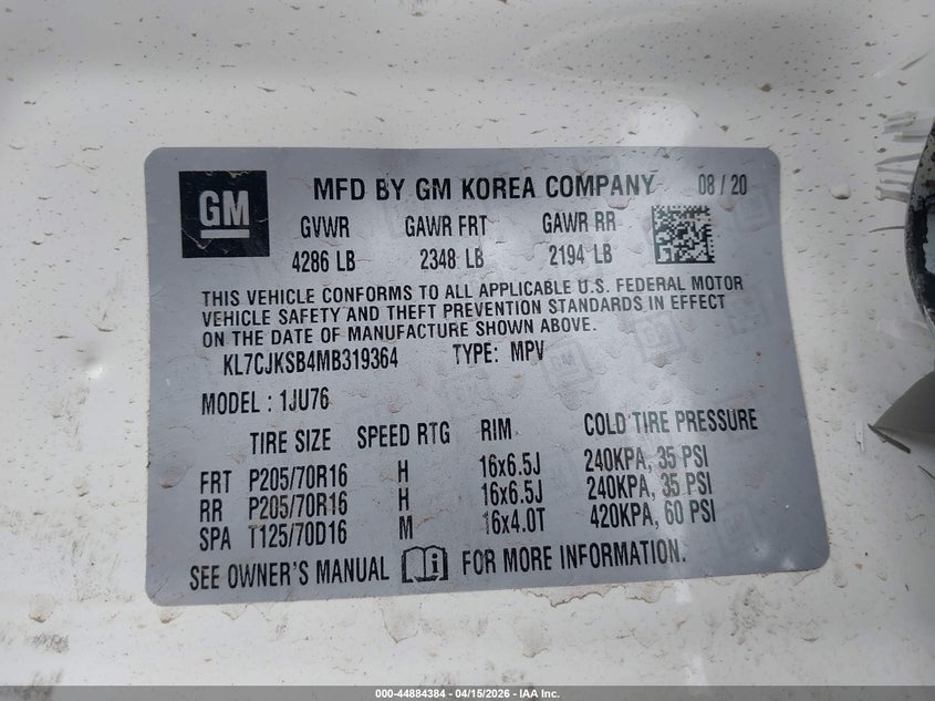 2021 Chevrolet Trax Fwd Ls VIN: KL7CJKSB4MB319364 Lot: 44884384