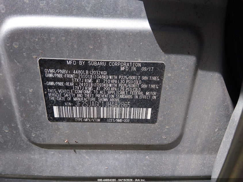 2018 Subaru Forester 2.5I Premium VIN: JF2SJAGC1JH482865 Lot: 44884385