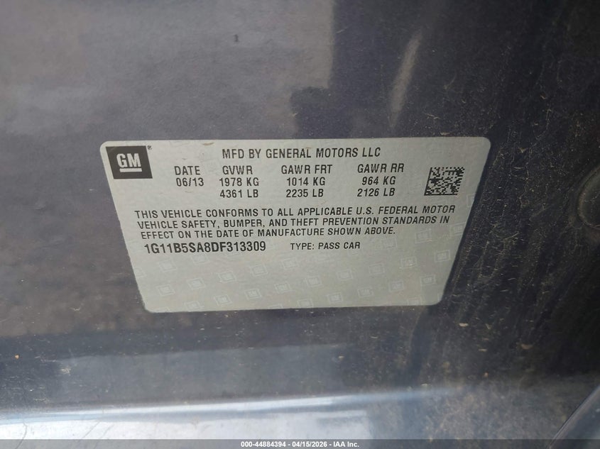 2013 Chevrolet Malibu 1Ls VIN: 1G11B5SA8DF313309 Lot: 44884394