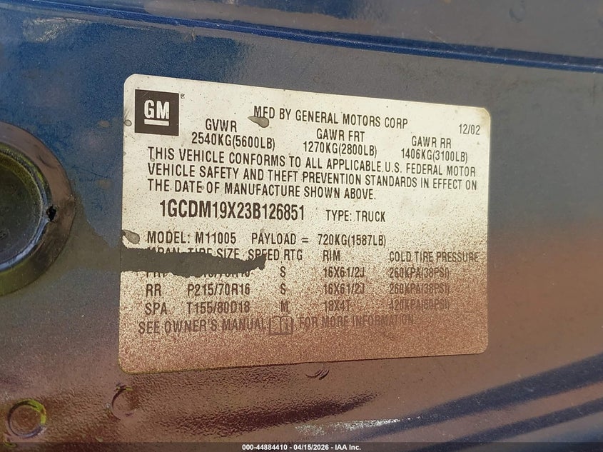 2003 Chevrolet Astro VIN: 1GCDM19X23B126851 Lot: 44884410