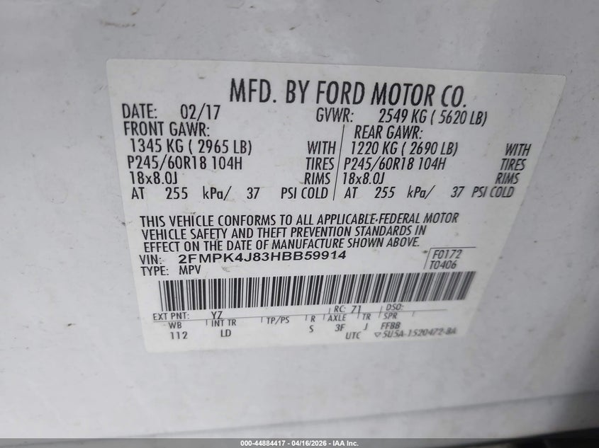 2017 Ford Edge 3.5 Sel white Lot 111044884417 Vin 2FMPK4J83HBB59914
