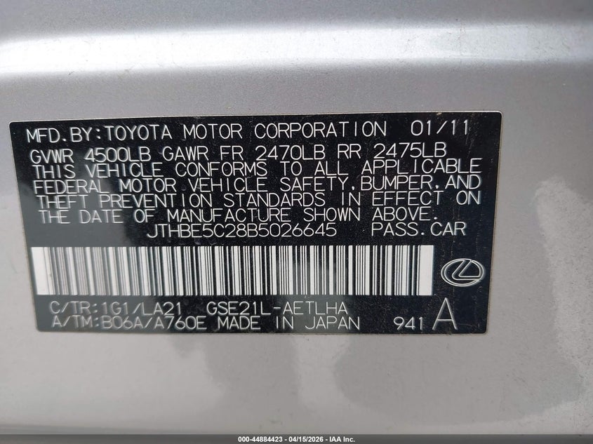2011 Lexus Is 350 VIN: JTHBE5C28B5026645 Lot: 44884423