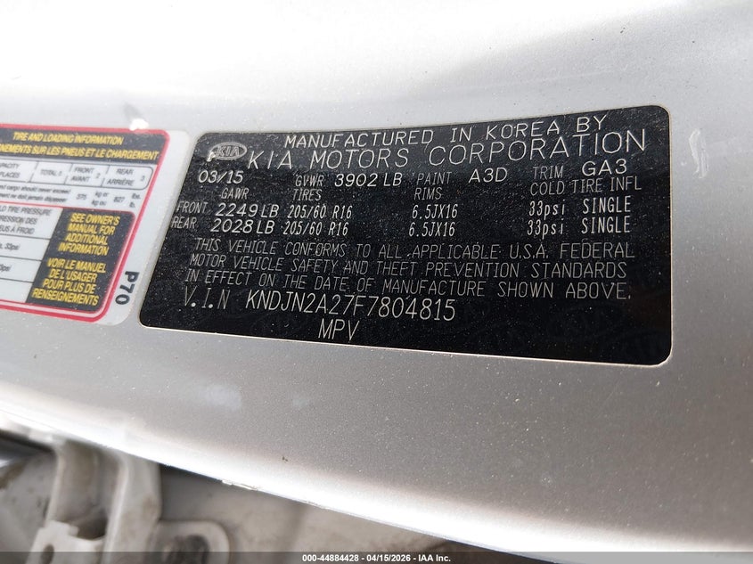 2015 Kia Soul VIN: KNDJN2A27F7804815 Lot: 44884428