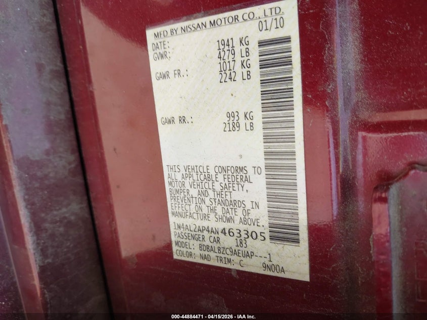 2010 Nissan Altima 2.5 S VIN: 1N4AL2AP4AN463305 Lot: 44884471
