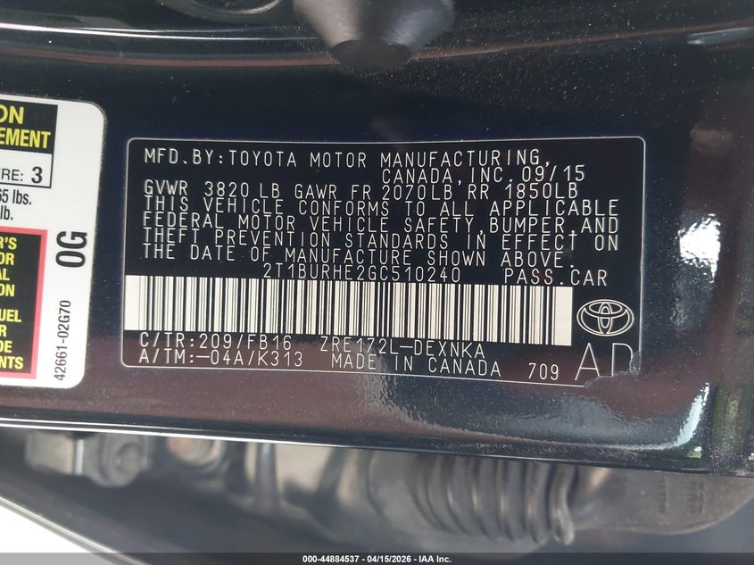 2016 Toyota Corolla Le VIN: 2T1BURHE2GC510240 Lot: 44884537