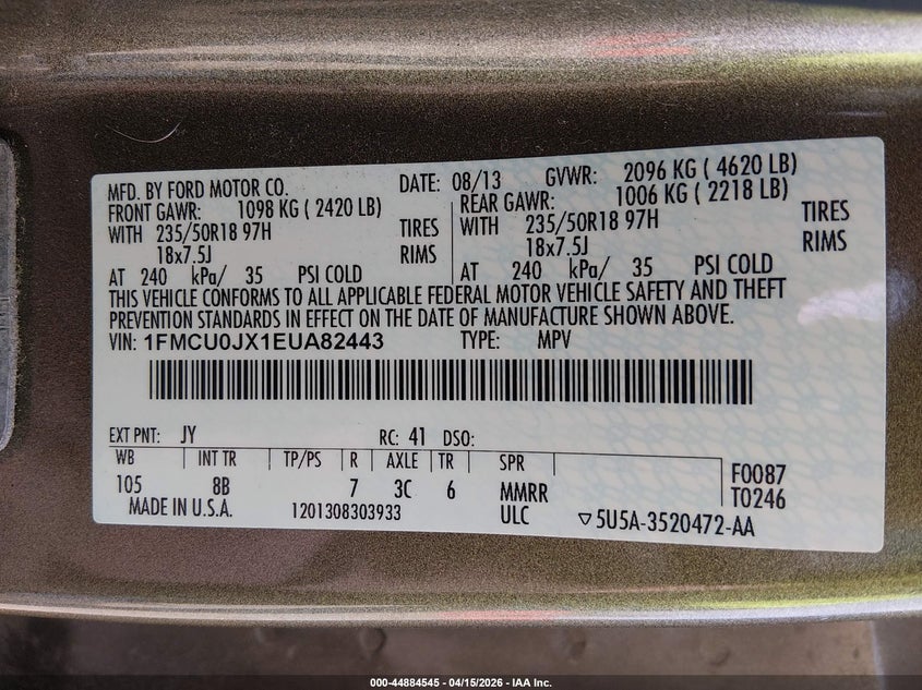 2014 Ford Escape Titanium VIN: 1FMCU0JX1EUA82443 Lot: 44884545