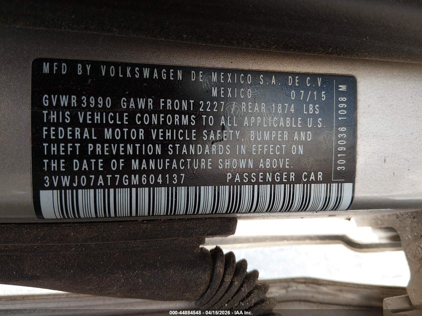 2016 Volkswagen Beetle 1.8T Se VIN: 3VWJ07AT7GM604137 Lot: 44884548