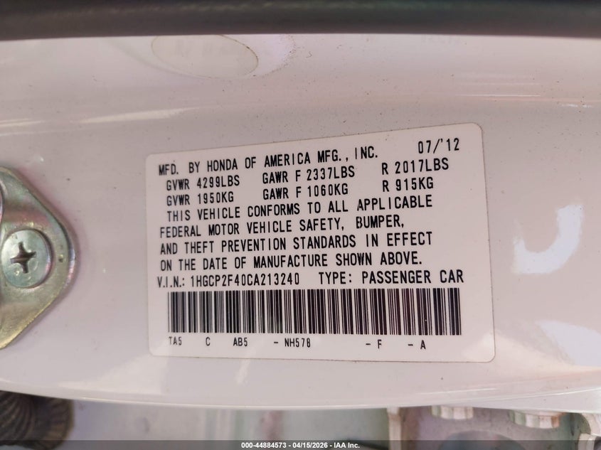 2012 Honda Accord 2.4 Lx-P VIN: 1HGCP2F40CA213240 Lot: 44884573