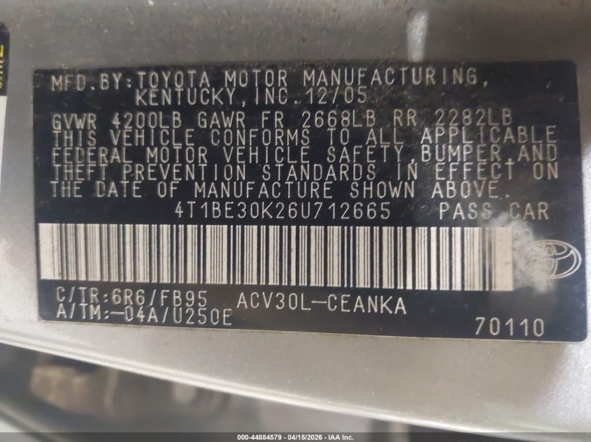 2006 Toyota Camry Le VIN: 4T1BE30K26U712665 Lot: 44884579