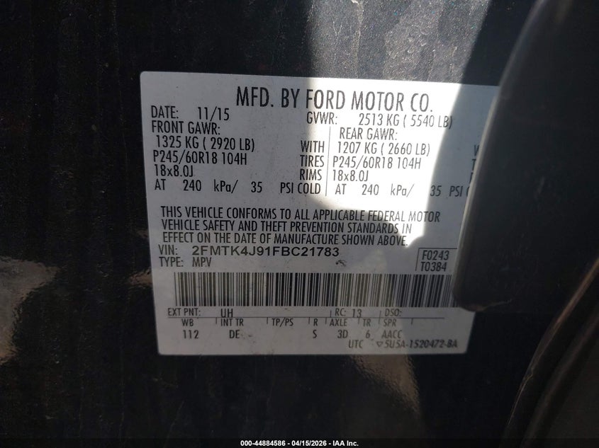 2015 Ford Edge Sel VIN: 2FMTK4J91FBC21783 Lot: 44884586