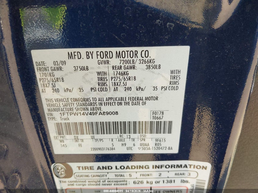 2009 Ford F-150 Xlt VIN: 1FTPW14V49FA89008 Lot: 44884595