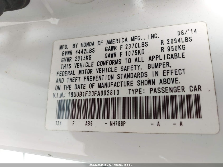 2015 Acura Tlx VIN: 19UUB1F30FA002810 Lot: 44884612