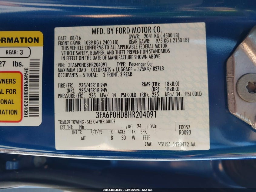 2017 Ford Fusion Se VIN: 3FA6P0HD8HR204091 Lot: 44884616