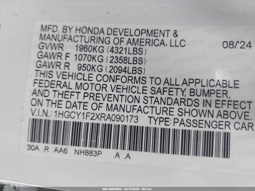 2024 Honda Accord Lx VIN: 1HGCY1F2XRA090173 Lot: 44884662