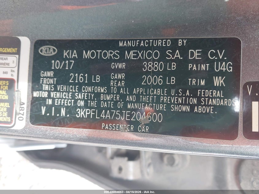 2018 Kia Forte S VIN: 3KPFL4A75JE204600 Lot: 44884663