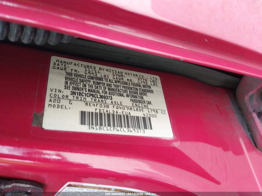 2012 Nissan Versa 1.8 S VIN: 3N1BC1CP6CL369373 Lot: 44884682