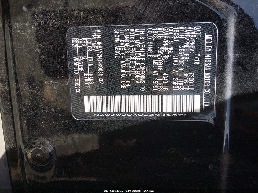 2019 Nissan Armada Sv VIN: JN8AY2ND9K9085332 Lot: 44884695