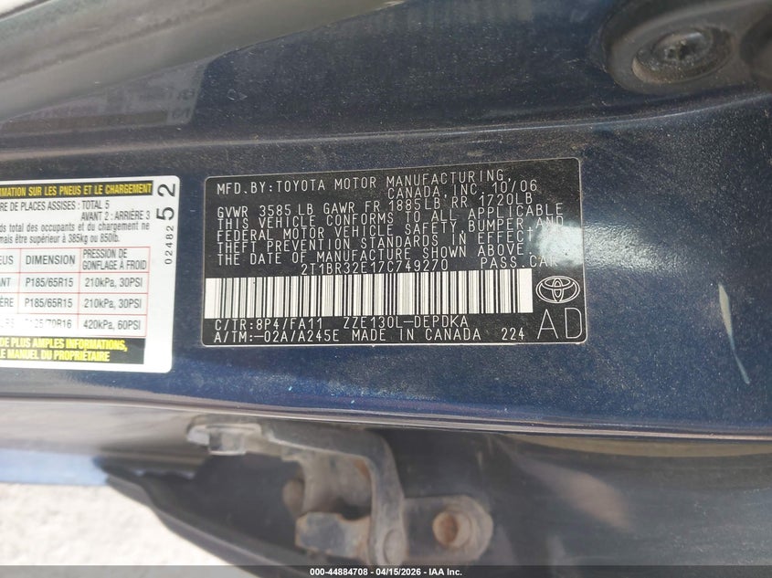 2007 Toyota Corolla Ce VIN: 2T1BR32E17C749270 Lot: 44884708