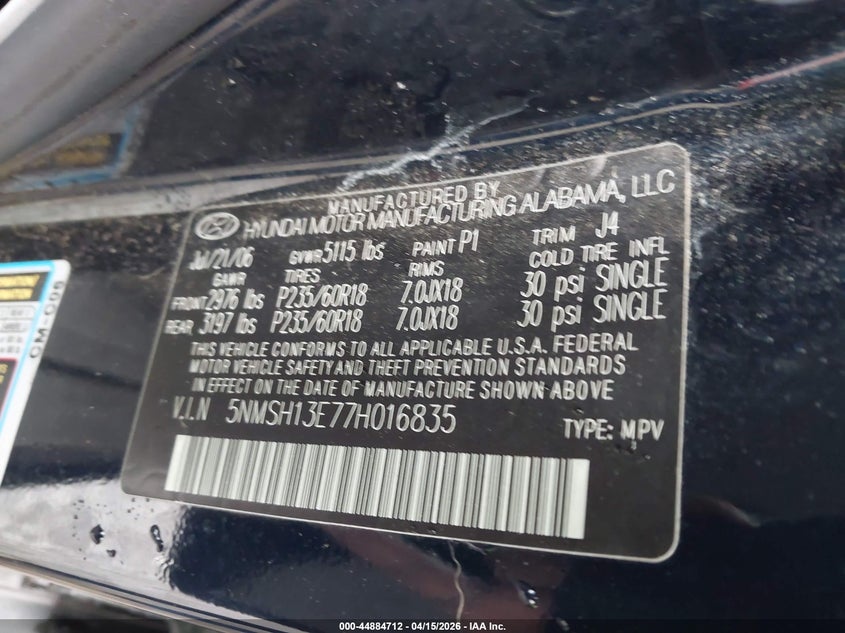 2007 Hyundai Santa Fe Limited/Se VIN: 5NMSH13E77H016835 Lot: 44884712