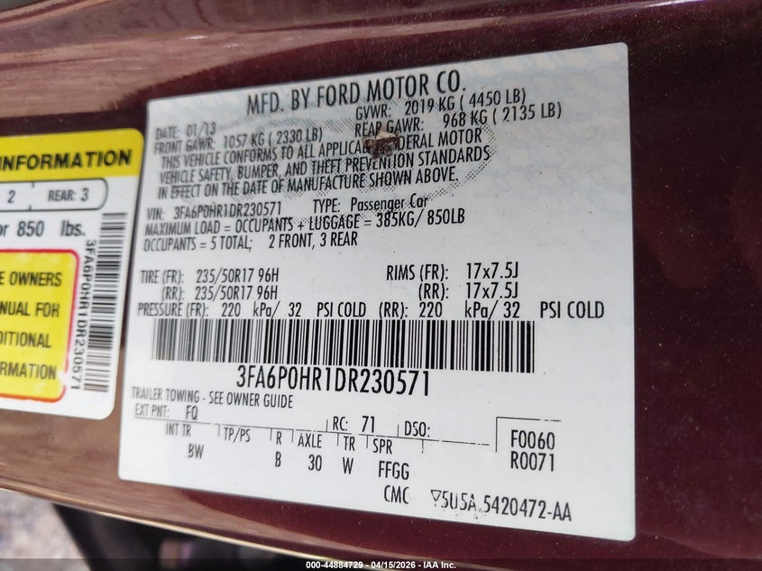 2013 Ford Fusion Se VIN: 3FA6P0HR1DR230571 Lot: 44884729