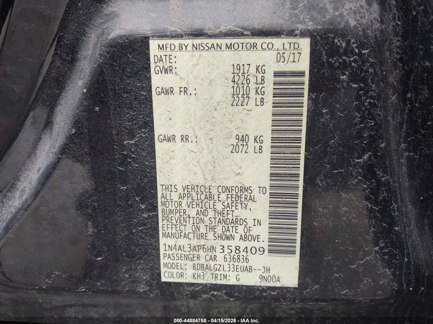 2017 Nissan Altima 2.5 S VIN: 1N4AL3AP6HN358409 Lot: 44884758